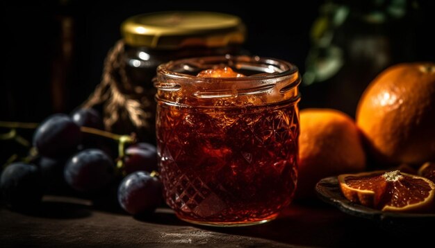 Een glas sinaasappeljam staat op een tafel naast een bord fruit.