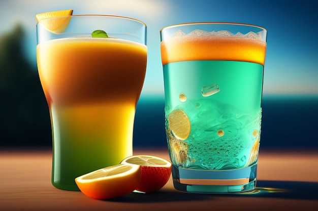 Gratis foto een glas sinaasappelsap en een glas blauwe vloeistof