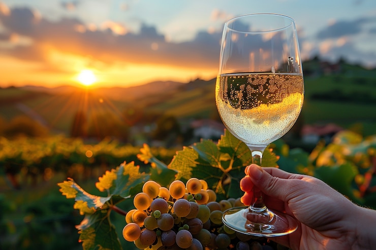 Gratis Foto een glas wijn met een prachtig uitzicht op de wijngaard bij zonsondergang