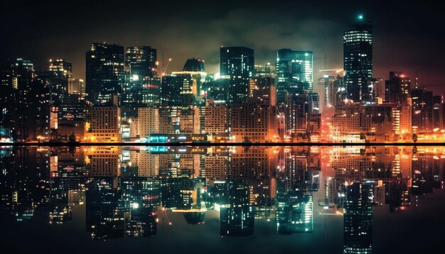 Een gloeiende moderne skyline van de stad reflecteert op water gegenereerd door AI