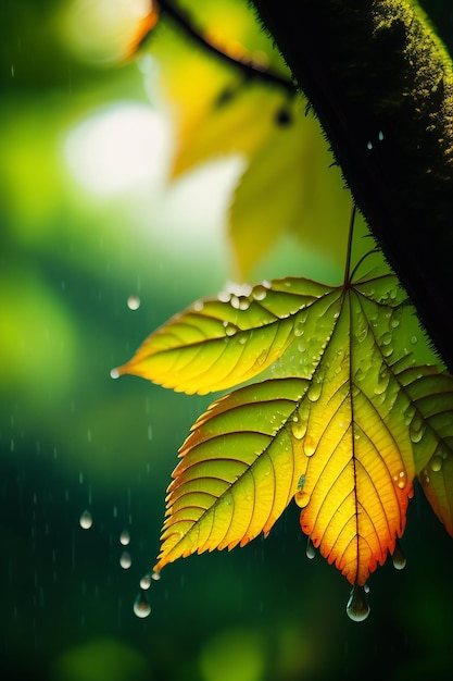 Gratis foto een groen blad met de regendruppels erop
