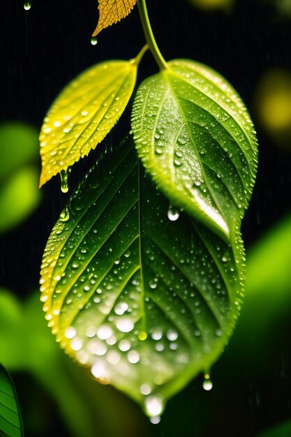 Een groen blad met waterdruppels erop is bedekt met regen.