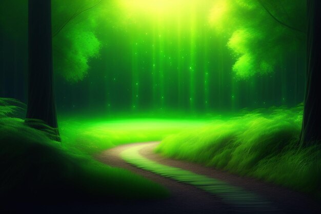 Een groen bos met een pad dat naar het bos leidt.
