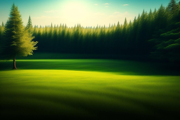 Een groen veld met bomen op de voorgrond en de zon die aan de horizon schijnt.