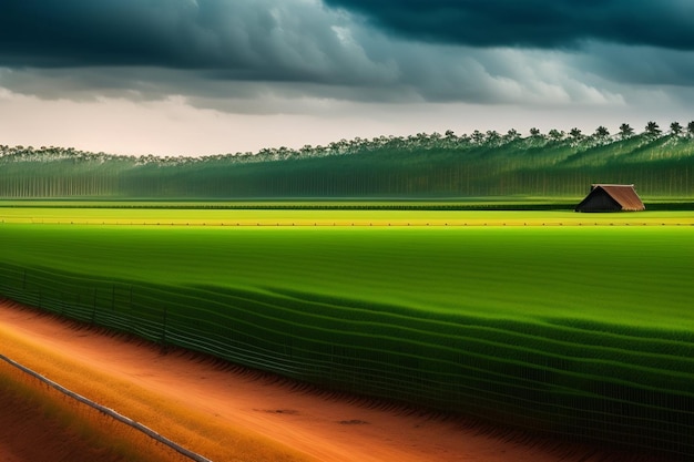 Een groen veld met een bewolkte lucht op de achtergrond