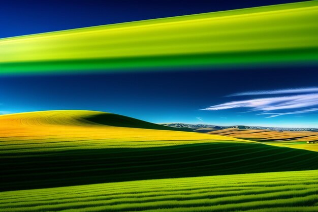 Een groen veld met een blauwe lucht en groene heuvels op de achtergrond.