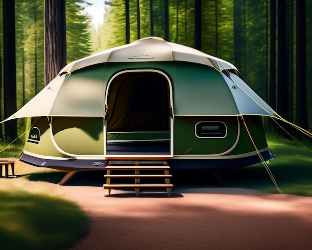 Een groene tent met op de voorkant het woord camping.