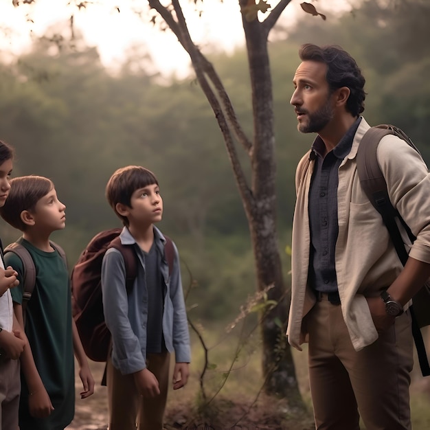 Gratis foto een groep kinderen in het bos richt zich selectief op de jongen.