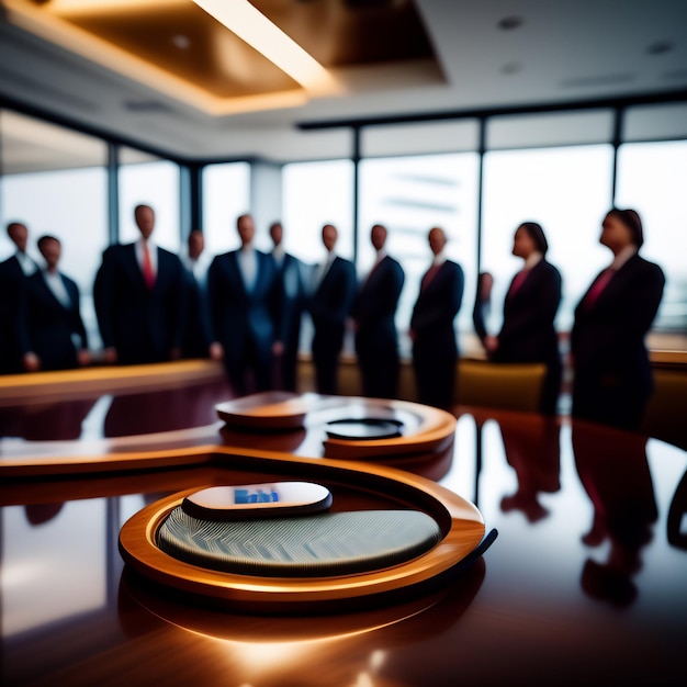 Gratis foto een groep mensen staat in een kamer met een tafel waarop het cijfer 4 staat