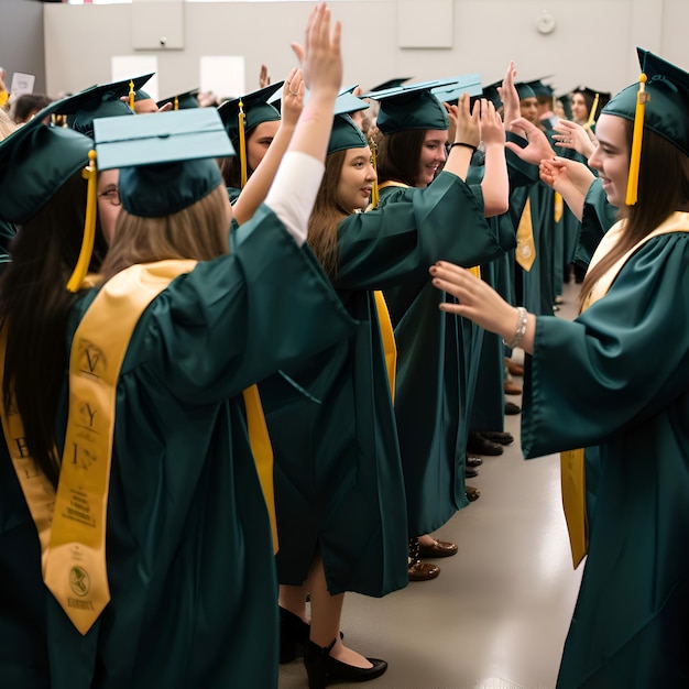 Gratis foto een groep studenten in afstudeerjurken die handen zwaaien tijdens een afstudeerceremonie aan de universiteit