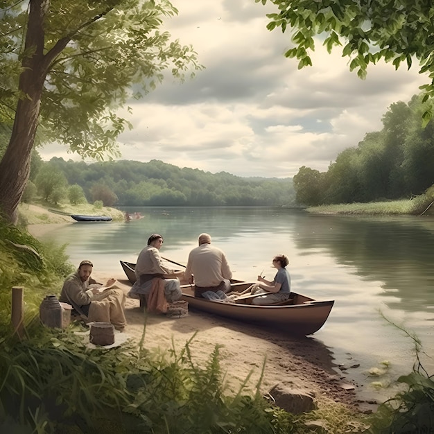 Gratis foto een groep vrienden roeit een boot op de rivier met bomen op de achtergrond