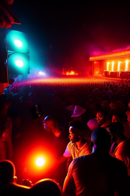 Een grote menigte mensen staat voor een podium met een lampje erop.