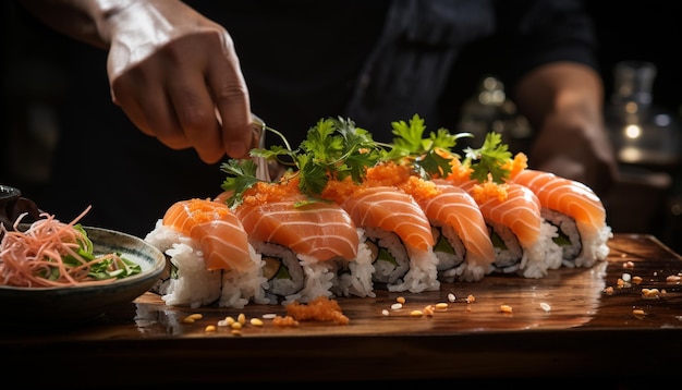 Een hand die verse sushi vasthoudt, een gastronomische vismaaltijd gegenereerd door kunstmatige intelligentie