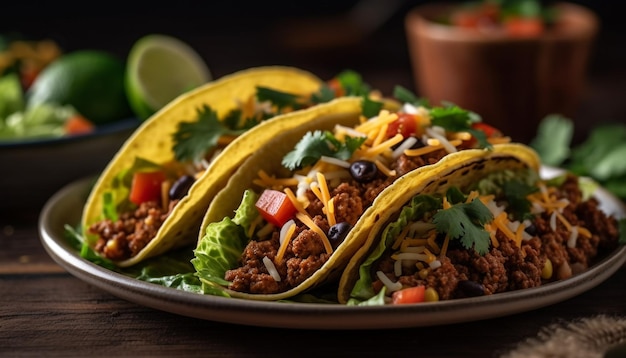 Gratis foto een heerlijke zelfgemaakte rundvlees taco met verse guacamole en salsa gegenereerd door kunstmatige intelligentie