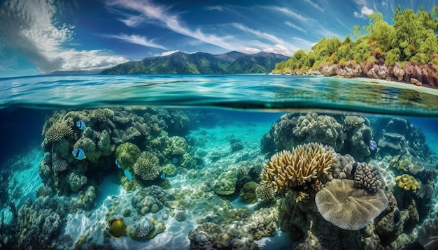 Een heldere blauwe zee kleurrijke vissen zwemmen gegenereerd door AI