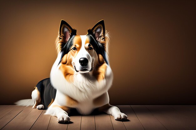 Een hond die op een houten vloer ligt met een bruine achtergrond.