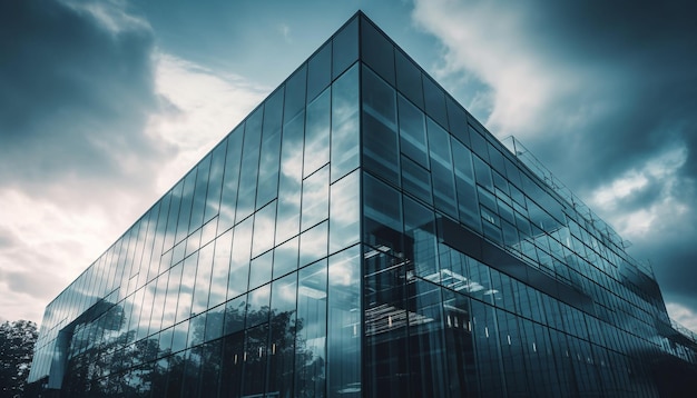 Een hoog modern gebouw weerspiegelt een abstract stadsgezicht dat is gegenereerd door AI