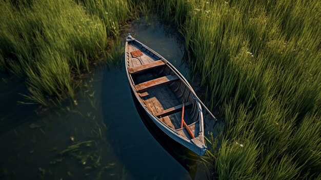Een houten boot tussen het hoge gras van een meer vanuit de lucht