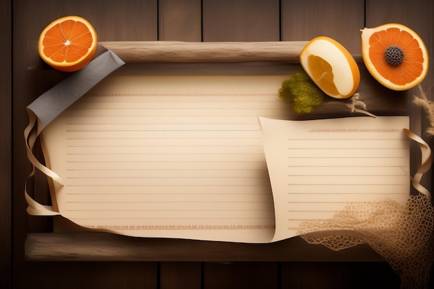 Gratis foto een houten dienblad met een vel papier met daarop een fles jus d'orange en een glas jus d'orange.