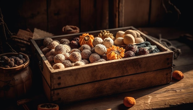 Een houten kist met etenswaren met daarin een houten kistje met een bosje gedroogd fruit.