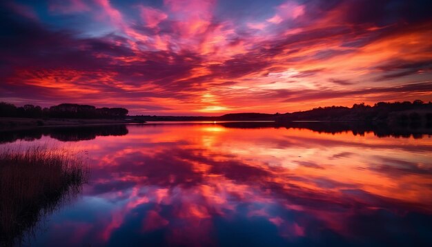 Een humeurige lucht weerspiegelt levendige kleuren in een rustige scène die AI genereert