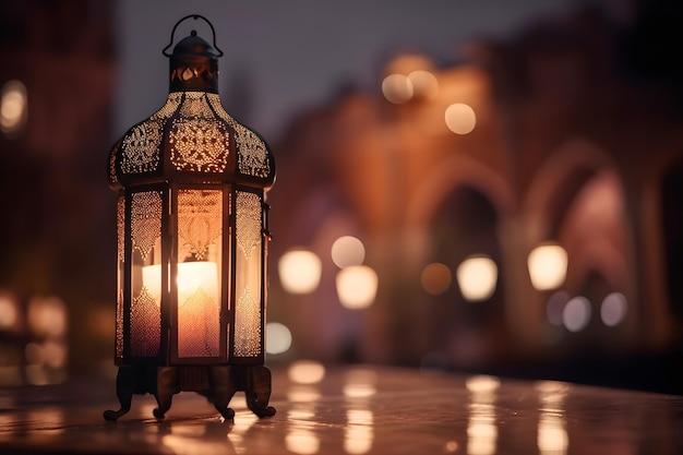 Een islamitische lantaarn met een wazige moskee met bokeh op de achtergrond voor eid al fitr en adha