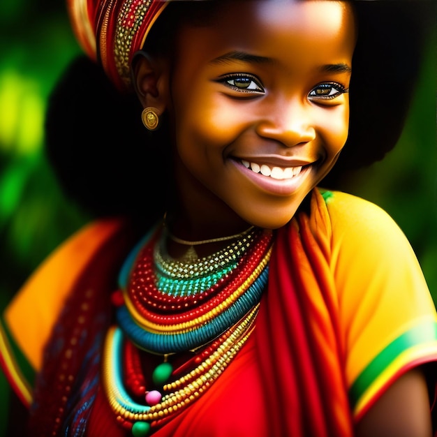 Gratis foto een jong meisje met een kleurrijke hoed en een rood en geel shirt.