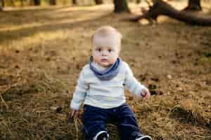 Gratis foto een jong stel loopt in het bos met een kleine jongen