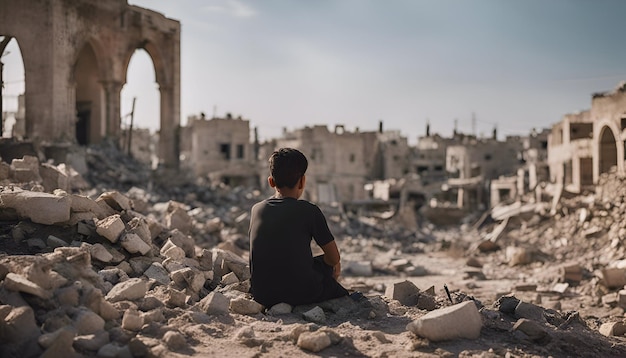 Gratis foto een jonge man zit op de ruïnes van een oud gebouw in de woestijn.