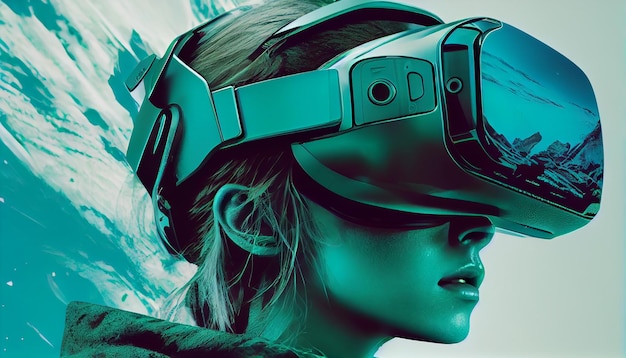 Een jonge vrouw die een VR-headset draagt die is gegenereerd door AI