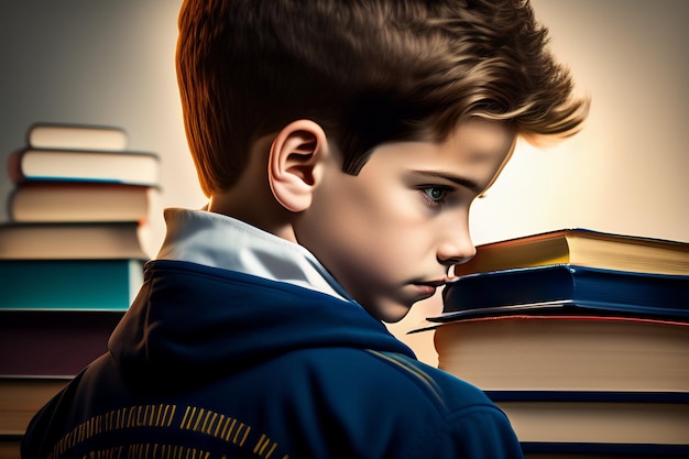 Een jongen in een blauw jasje kijkt naar boeken