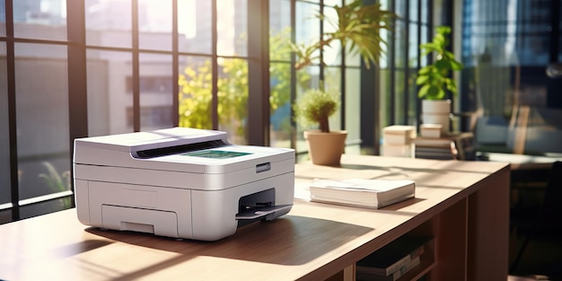 Gratis foto een kantoorprinter tussen documenten en productiviteitstools