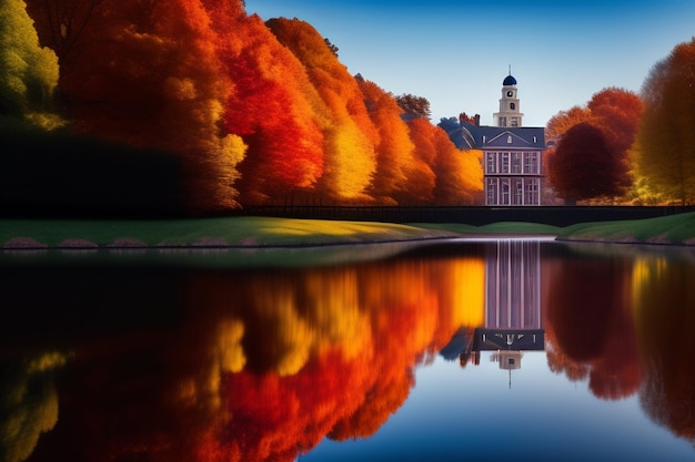 Gratis foto een kasteel in de herfst met een meer op de voorgrond en een boom met oranje bladeren.