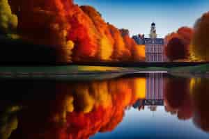 Gratis foto een kasteel in de herfst met een meer op de voorgrond en een boom met oranje bladeren.
