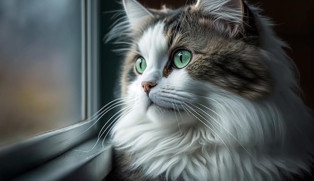Gratis foto een kat die uit een raam kijkt met groene ogen