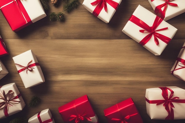 Een kerstkaart met witte en rode cadeautjes en een groene krans op een houten tafel