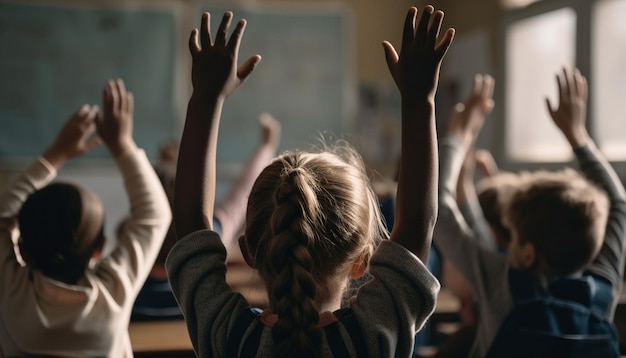 Gratis foto een klaslokaal vol leerlingen met hun handen in de lucht