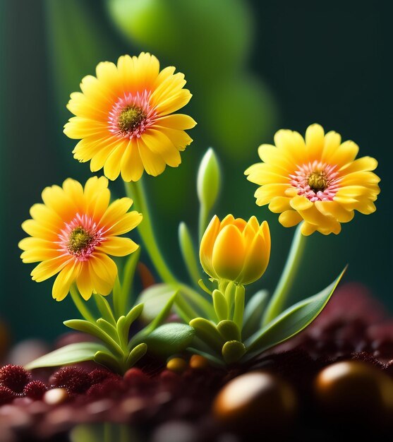 Een kleine bloem zit in een kleine pot met een groene achtergrond.