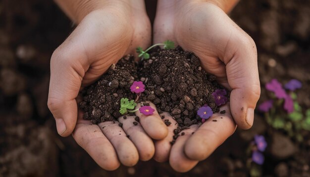 Een kleine hand van een kind houdt nieuw leven vast, gegenereerd door AI