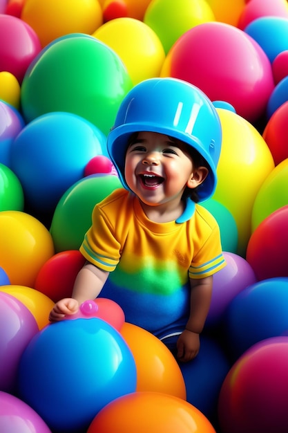Een kleine jongen in een kleurrijk shirt wordt omringd door kleurrijke ballen.
