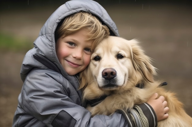 Gratis foto een kleine jongen toont genegenheid voor zijn hond