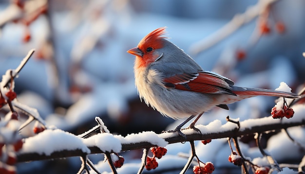 Gratis foto een kleine schattige vinken die op een besneeuwde tak zit, gegenereerd door ai.