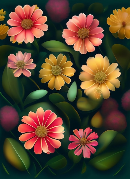 Gratis foto een kleurrijk bloemenbehang met een roze en gele bloemenachtergrond.