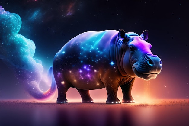 Een kleurrijk nijlpaard met de titel 'galaxy' erop