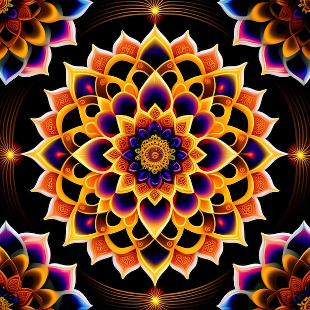 Een kleurrijk patroon met een gele bloem en het woord lotus erop.