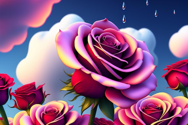 Een kleurrijk schilderij van rozen met regendruppels op de achtergrond.