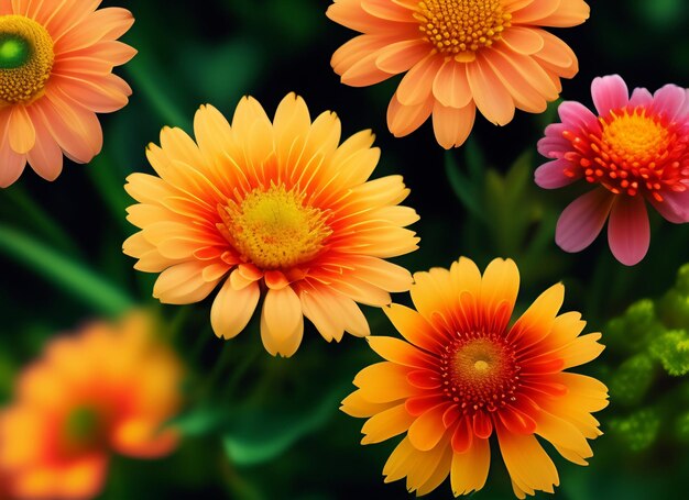 Een kleurrijke bloem met een roze hart wordt omringd door andere bloemen.