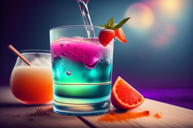 Gratis foto een kleurrijke cocktail met een aardbei op de bodem