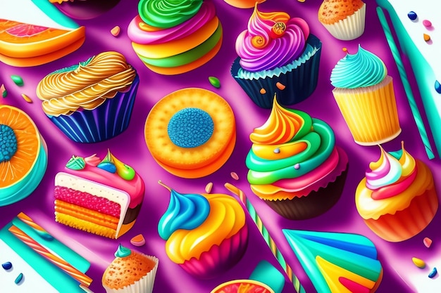 Gratis foto een kleurrijke illustratie van cupcakes en een cake.