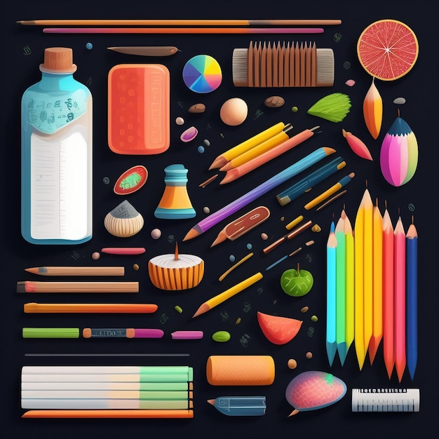 Gratis foto een kleurrijke illustratie van een fles water en een potlood.
